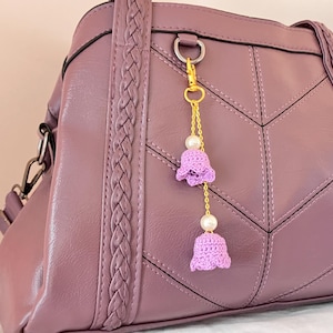 Crochet Lily of the Valley Keychain: Purple Flower Bag Charm with Pearl