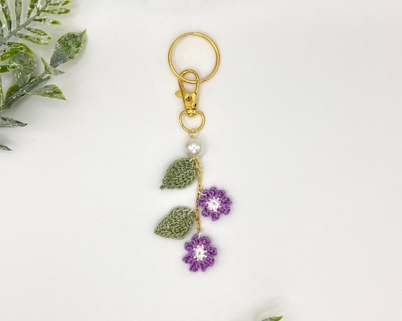 Handmade Gold Keychain: Crochet Purple Flower & Pearl Bag Charm