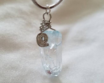 Light Blue, Silver Angleded Swirling Power Crystal Pendant, Crystal Necklace, Natural Crystal Pendant, Blue Crystal Silver Necklace