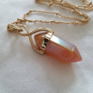 Golden Iridescent Coral Colored Power Crystal Pendant Necklace