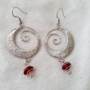 Swirling into the Red or Blue Earrings,  Wire-wrap spiral Earrings, Red or Blue Glass Earrings, Silver Spiral Earrings