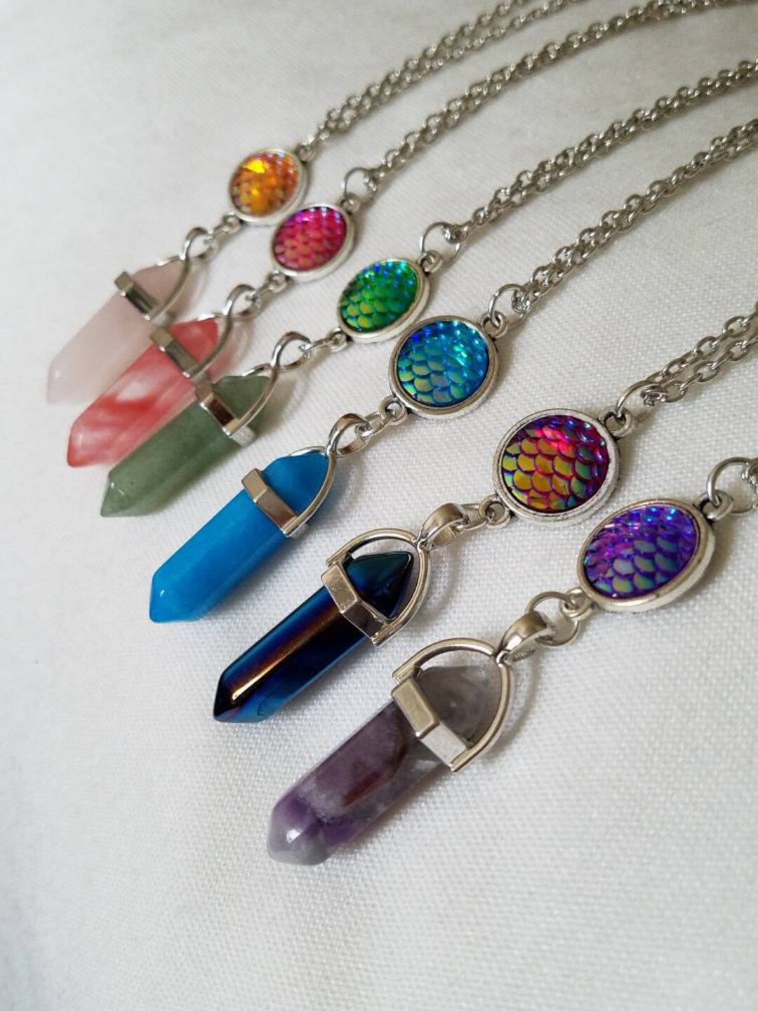 Mermaid Power Crystal Necklace With Bezel Set Iridescent Resin Scales in a Rainbow Colors Etsy