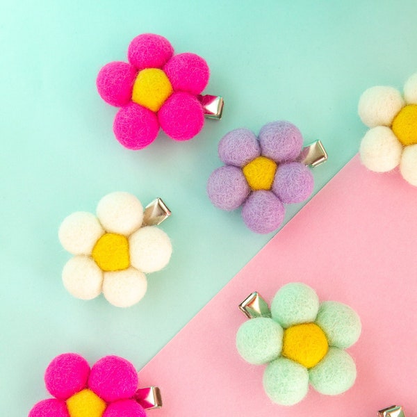 Flower Clips, Wool Felt Flower Clips, Daisy Hair Clip, Pink Flower, Mint Flower, Felt Flower Hair Clips, Pink Daisy, Spring Flower Clips