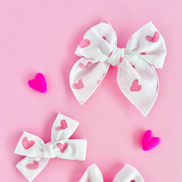 Hair Bow with Pink Hearts White Bow with Pink Hearts Pink Watercolor Heart Bow Pink and White Fable Bow Clip For Little Girls Spring Summer