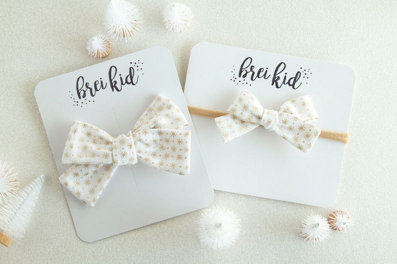 Hand Tied Bow Toddler Hair Accessory Gold Star Hair Bow White and Gold Star Hair Clip Large Hair Bow Nylon Headband Mini Hair Bow