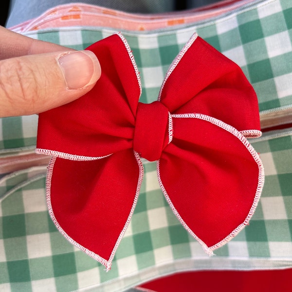 Red Valentine Hair Bow with White Surged Edge, Red Valentine Bow with White Trim, Valentine Fable Bow, Valentine Hair Clip, Classic Red Bow