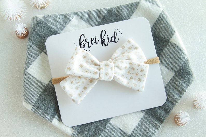 Hand Tied Bow Toddler Hair Accessory Gold Star Hair Bow White and Gold Star Hair Clip Large Hair Bow Nylon Headband Mini Hair Bow