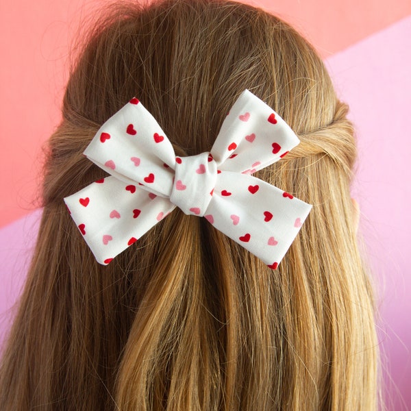 Hair Bow with Hearts Hair Clip White Bow with Pink and Red Hearts Hair Bow Pink Heart Gift for Girl Spring Bow Summer Hair Bow Pinwheel Bow