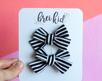 Black And White Striped Hair Bow, Black And White Striped Bow Clip, Black And White Striped Bow Headband, Hand Tied Bow, Headband or Clip