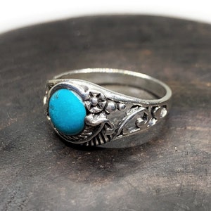 Genuine Turquoise Ring US Size 7.75 - Sterling Silver - Turquoise Jewelry - December Birthstone - Birthstone Jewelry - Handmade - Botanical