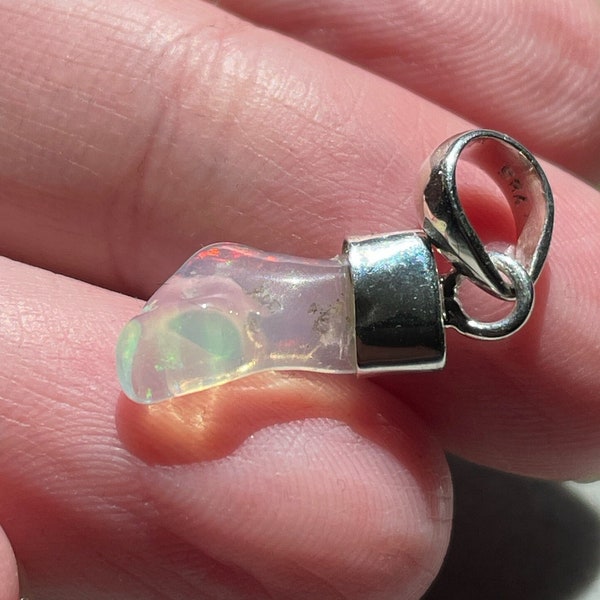 Glowing Fire Opal Nugget Pendant - Petite - Rainbow Flash - Genuine Fire Opal - Unique Raw Shape - Handmade with Solid Sterling Silver