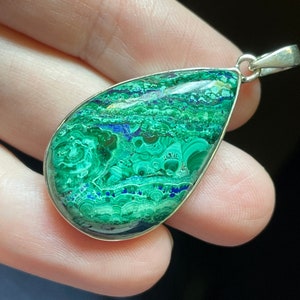 Genuine Malachite Teardrop Pendant - Bright Blue Azurite Pockets - Beautiful Detailed Patterns - Sterling Silver Setting - Protection Stone!