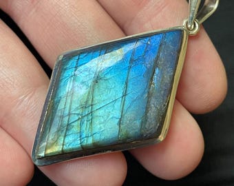 Labradorite Diamond Pendant - Solid Sterling Silver - Natural Gemstone Rainbow Ombre Flash - Metaphysical Dream Stone