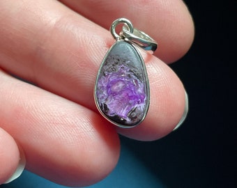 Dainty Genuine Sugilite Pendant - Rare Fibrous Purple Pattern - Semi Raw Texture - Handmade with Solid Sterling Silver - Self Love Crystal