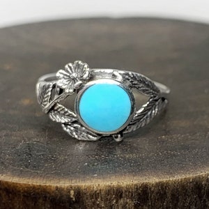 Genuine Turquoise Ring US Size 6.5 - Sterling Silver - Turquoise Jewelry - December Birthstone - Healing Crystal - Handmade - Botanical Ring