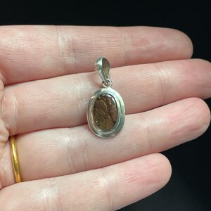 Puede incluir: Un colgante de plata con una piedra preciosa ovalada de color marr&oacute;n y verde engastada en un engaste de plata.
