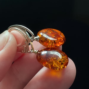 Natural Baltic Amber Earrings, Handmade with Solid Sterling Silver, Leverback Ear Wires, Deep Cognac Color, Beautiful Perfect Gift!