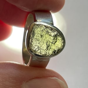 Rough Moldavite Ring US 9 - Solid Sterling Silver - Genuine Moldavite - Natural Unique Texture and Green Color, Raw Natural Moldavite