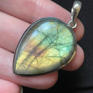 Rainbow Labradorite Teardrop Pendant Sterling Silver, Iridescent Natural Labradorite Gemstone with Bright Flash, Dream Crystal!