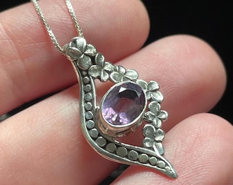 Amethyst Flower Necklace, Floral Handmade with Natural Amethyst & Sterling Silver, With 18 inch Silver Chain, Botanical Style, Perfect Gift!