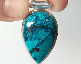 Beau pendentif chrysocolle bleue - Argent sterling - Pierre de naissance décembre - Bijoux chrysocolle - Bijoux pierre de naissance - Moldavite