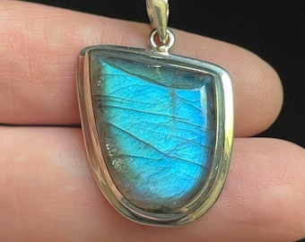 Shield Labradorite Pendant Sterling Silver - Iridescent Blue Flash - Unique Natural Labradorite Necklace - Calming Crystal