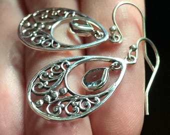 Natural Blue Topaz Earrings, Handmade with Solid Sterling Silver, Beautiful Perfect Gift!, Tribal Botanical Style
