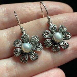 Natural Pearl & Silver Flower Earrings, Handmade with Solid Sterling Silver, June Birthstone, Tribal Style Silver Daisy, Perfect Gift! image 3