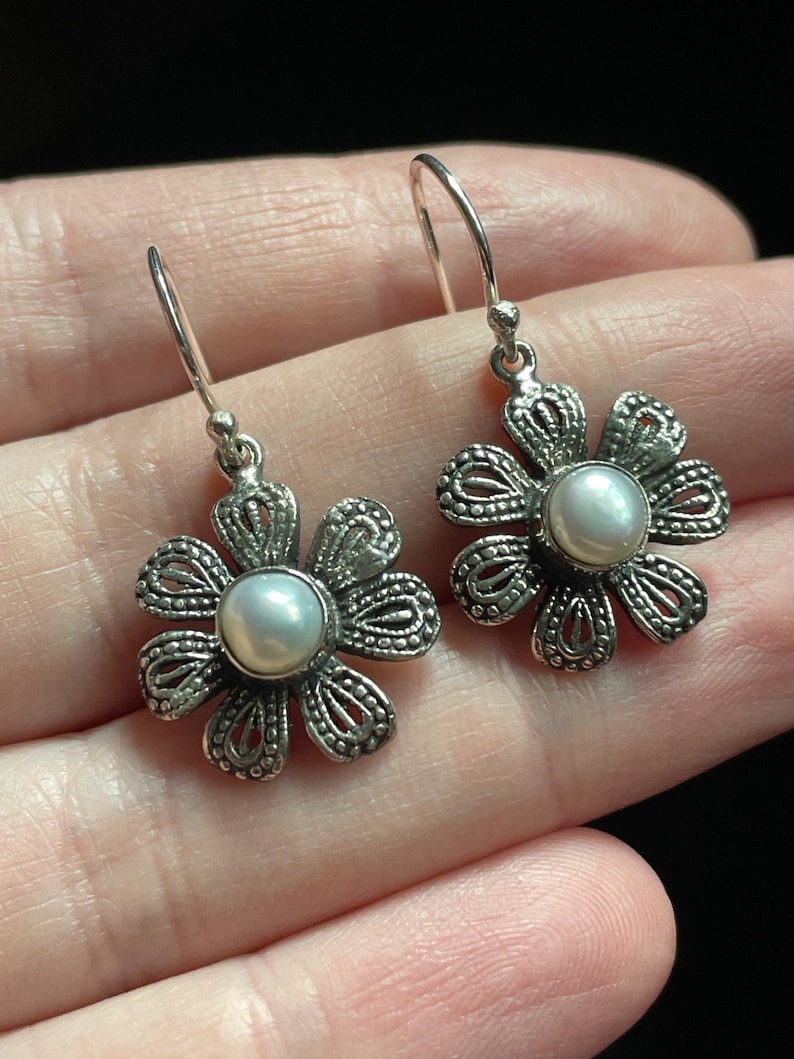 Natural Pearl & Silver Flower Earrings, Handmade with Solid Sterling Silver, June Birthstone, Tribal Style Silver Daisy, Perfect Gift! image 3