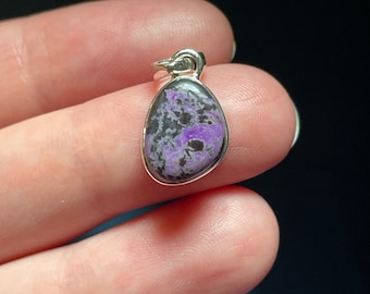 Tiny Sugilite Pendant - Mottled Purple Black Patterns - Genuine Sugilite - Handmade with Solid Sterling Silver - Pebble Shape - Self Love