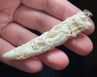 Bone Dragon Pendant, Handmade with Ox Bone and Solid Sterling Silver, Amazing Detail Carving, Unique Gift!