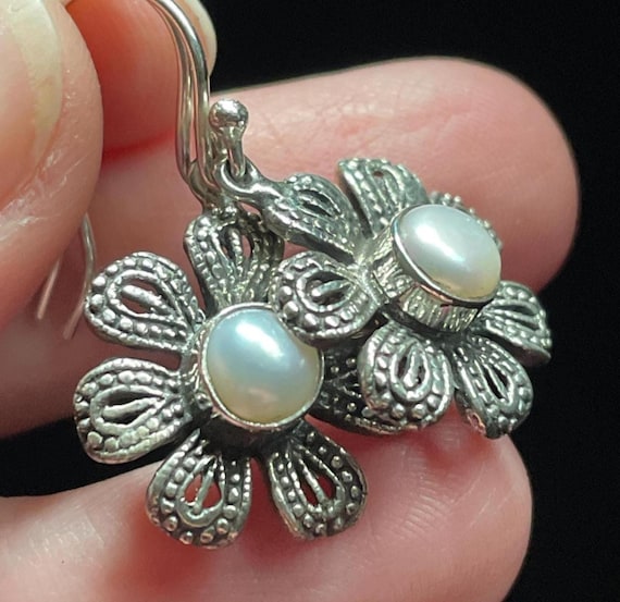 Natural Pearl & Silver Flower Earrings, Handmade with Solid Sterling Silver, June Birthstone, Tribal Style Silver Daisy, Perfect Gift!