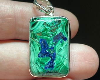 WOW! Cat&#39;s Eye Malachite Pendant - Stunning Natural Patterns - Bright Azurite Blue - Genuine Azurite & Malachite in Solid Sterling Silver