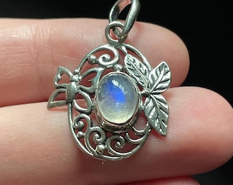 Butterfly Moonstone Pendant, Handmade with Solid Sterling Silver, Beautiful Perfect Gift!, Silver Butterfly and Leaf Pendant