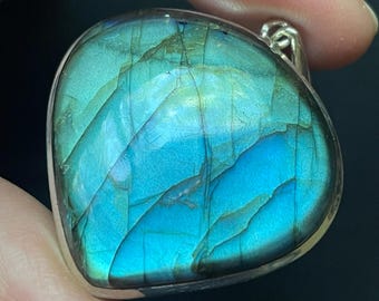 Blue Heart Labradorite Pendant - Sterling Silver Necklace - Genuine Labradorite Bright Teal Flash - Magic Manifestation Gemstone