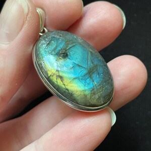 Iridescent Labradorite Sterling Silver Pendant, Oval Natural Labradorite Gemstone with Bright Blue Green Yellow Flash