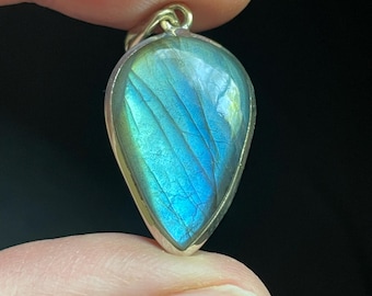 Labradorite Teardrop Pendant - Solid Sterling Silver - Natural Gemstone with Cooling Blue Flash - Calming Healing Crystal