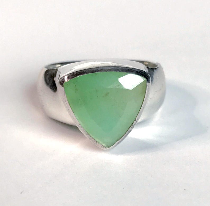 Genuine Chrysoprase Ring Size 8 Sterling Silver - Seafoam Green Faceted Chrysoprase Triangle - Handmade Green Stone Chrysoprase Jewelry image 1