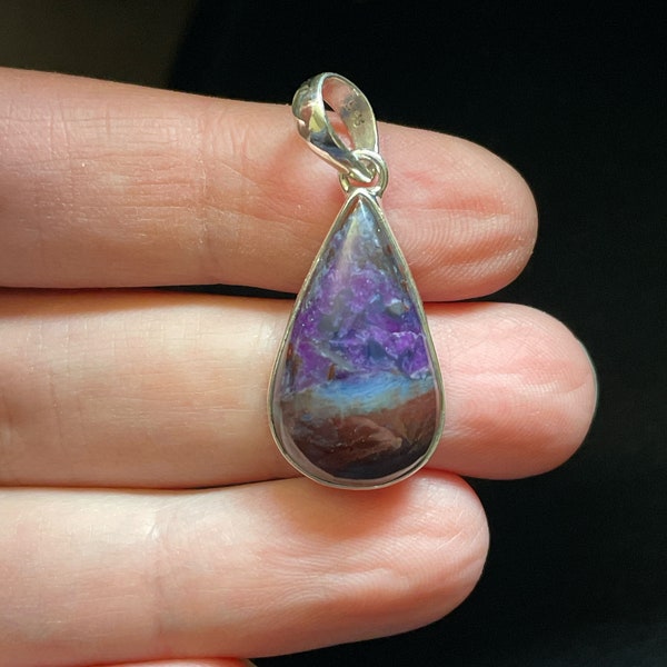 Sugilite Raindrop Pendant - Unique Purple White Brown Layers - Genuine Sugilite - Handmade with Solid Sterling Silver - Healing Necklace