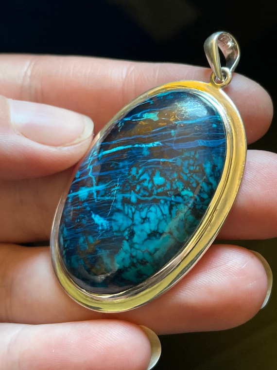 Chrysocolla Pendant Large Oval! Dark Blue Azurite Turquoise Beautiful Blue Pendant Sterling Silver Handmade Necklace Oval Pendant Deep Ocean