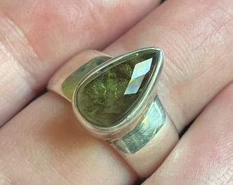 Genuine Moldavite Ring with Faceted Teardrop with Raw Underside - US Size 7.5 - Solid Sterling Silver - Powerful Transformation Crystal