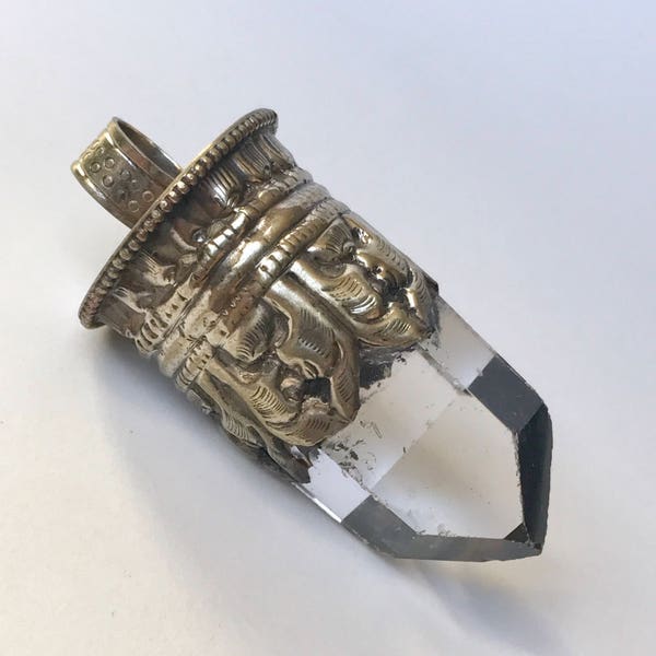 Hand Carved Himalayan Quartz Pendant - Himalayan Silver - Handmade Jewelry - Detailed Jewelry - April Birthstone - Quartz Jewelry - Tibetan
