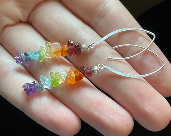 Elegant Chakra Earrings, Long Elegant Earrings with Sterling Silver & All Natural Gemstones, Amethyst, Garnet, Peridot, Healing Crystals