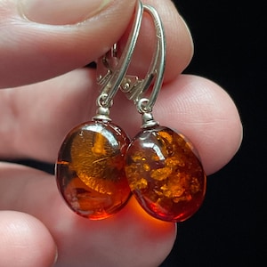 Natural Baltic Amber Earrings, Handmade with Solid Sterling Silver Leverback Ear Wires, Amber Pebbles with Warm Cognac Color, Perfect Gift!