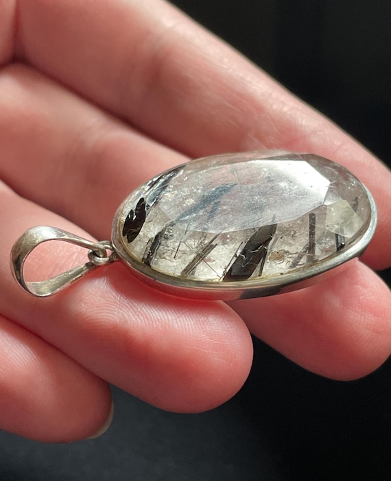 Quartz & Black Tourmaline Pendant, Handmade with Solid Sterling Silver, Faceted Natural Tourmalated Quartz, Grounding Crystal, Perfect Gift!