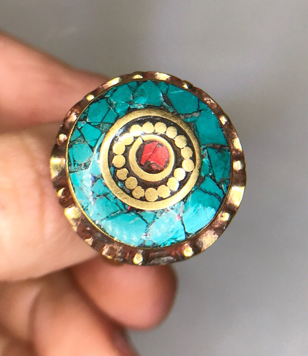 Tibetan Brass Ring Handmade Ring Brass Coral Crushed Turquoise Brass
