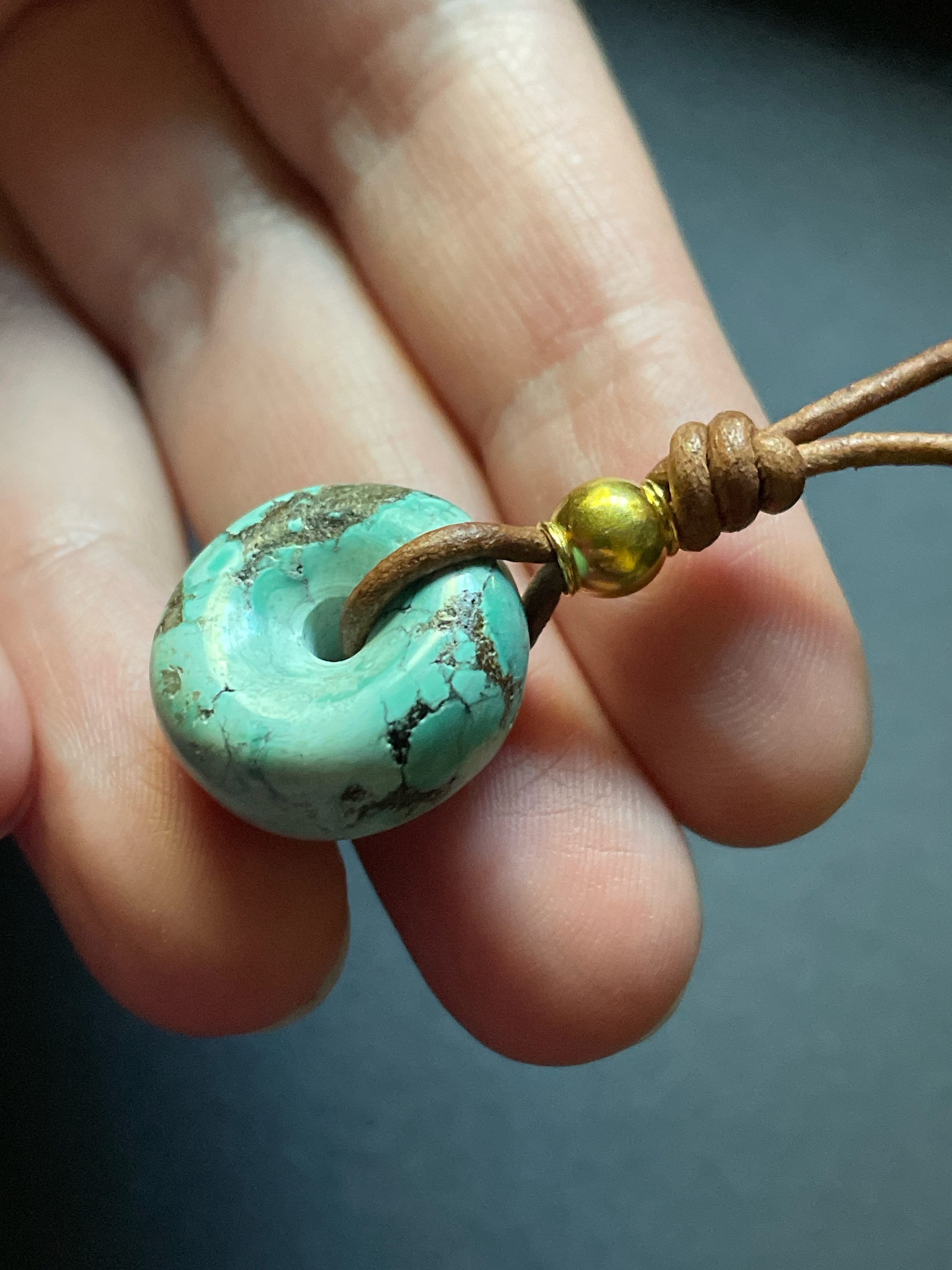 Turquoise 18K Gold Necklace, Leather, 18k Solid Gold, Genuine Turquoise Minimalist Necklace, Handmade in Oregon USA, Natural Rustic Jewelry