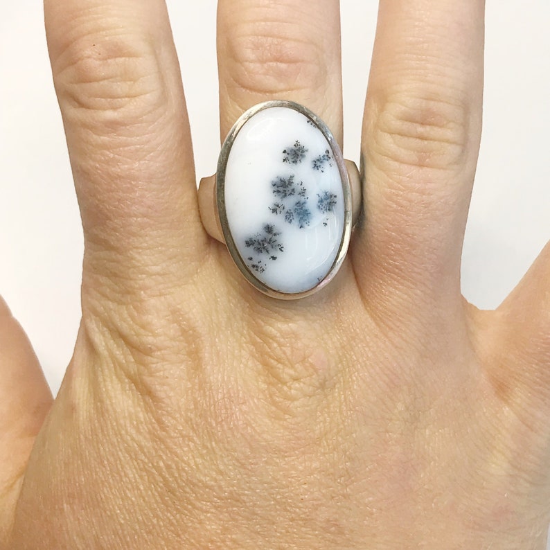 White and Black Stone Ring June Birthstone Birthstone Jewelry US 8.75 Dendritic Agate Ring Agate Jewelry Sterling Silver