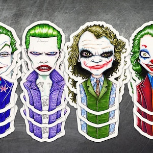 May include: Four different versions of the Joker character from Batman comics and movies. Each Joker is depicted in a different style and outfit, with green hair and a mischievous grin. The stickers are printed on white paper with a white border.