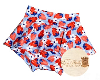 Baby toddler strawberries high skirted bummies - Summer fruit - patriotic - July fourth - 0/3mo-4/5